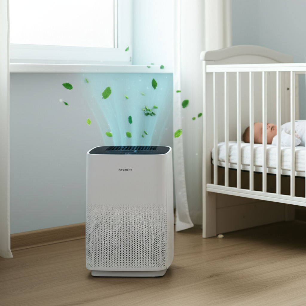 Generate a high-quality, relevant image prompt for an article about: Are Air Purifier Good for Babie