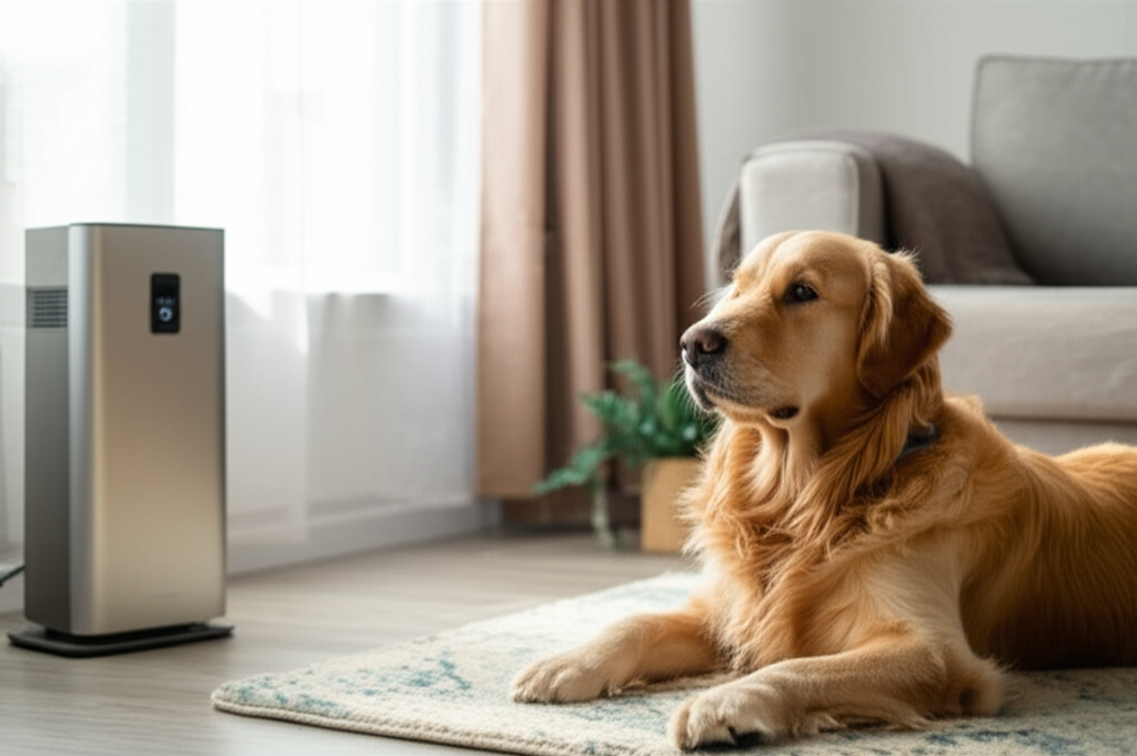 Generate a high-quality, relevant image prompt for an article about: Are Air Purifier Safe For Pets:
