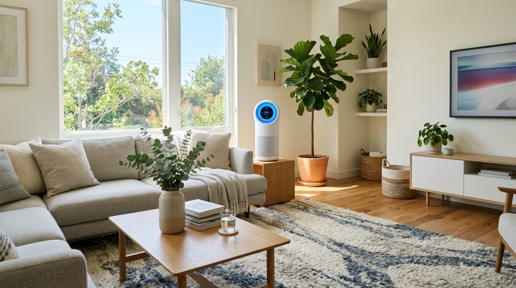 A modern living room showing a clean carpet and a sleek HEPA air purifier running in the background