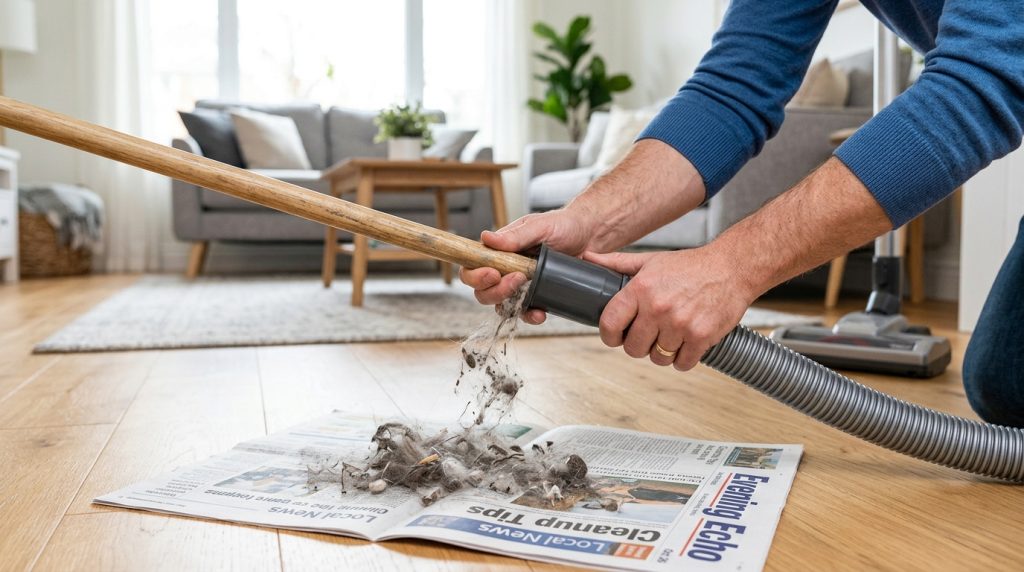 A homeowner gently pushing a wooden broom handle through a detached vacuum hose to clear a clog.