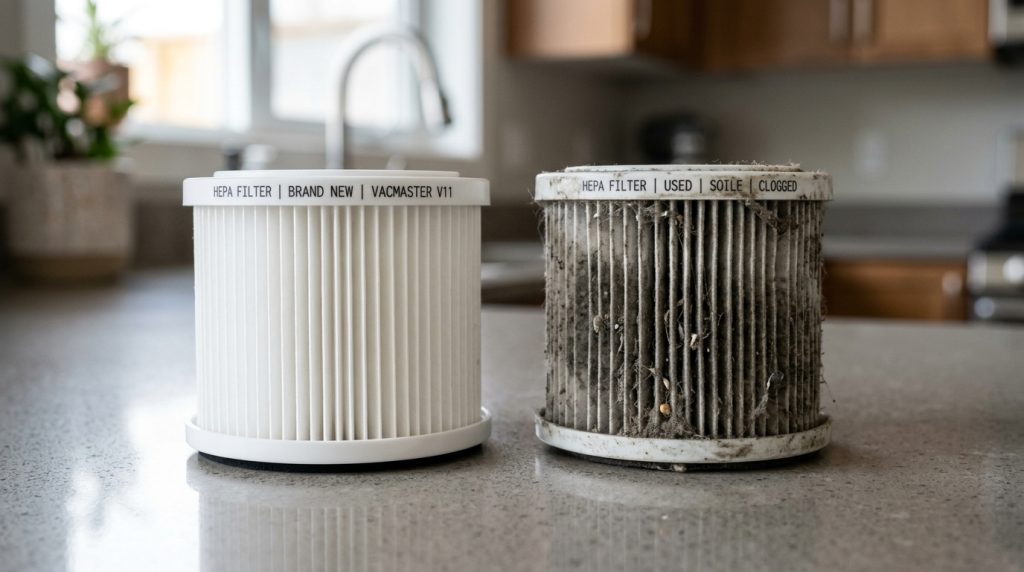 A dirty, grey vacuum HEPA filter held next to a brand-new, bright white HEPA filter for comparison.