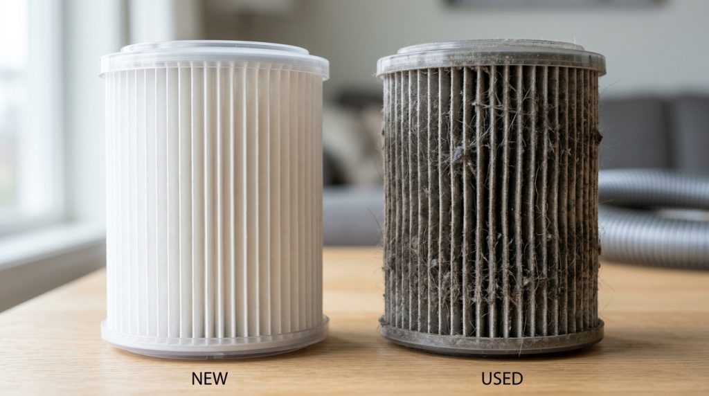 Side-by-side comparison of a clean white HEPA vacuum filter and a dark gray dirty vacuum filter covered in dust and pet hair.
