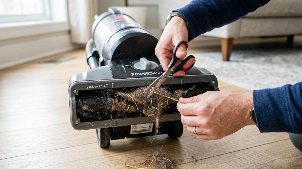  Person using scissors to cut hair wrapped around a vacuum cleaner brush roll.