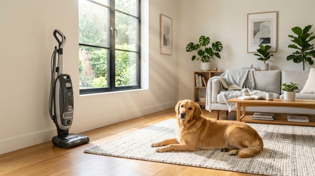 A clean living room with a HEPA vacuum cleaner and a dog resting on a hair-free rug.
