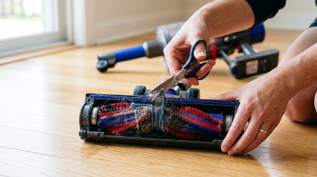 Homeowner using scissors to cut tangled pet hair off a vacuum cleaner brush roll.
