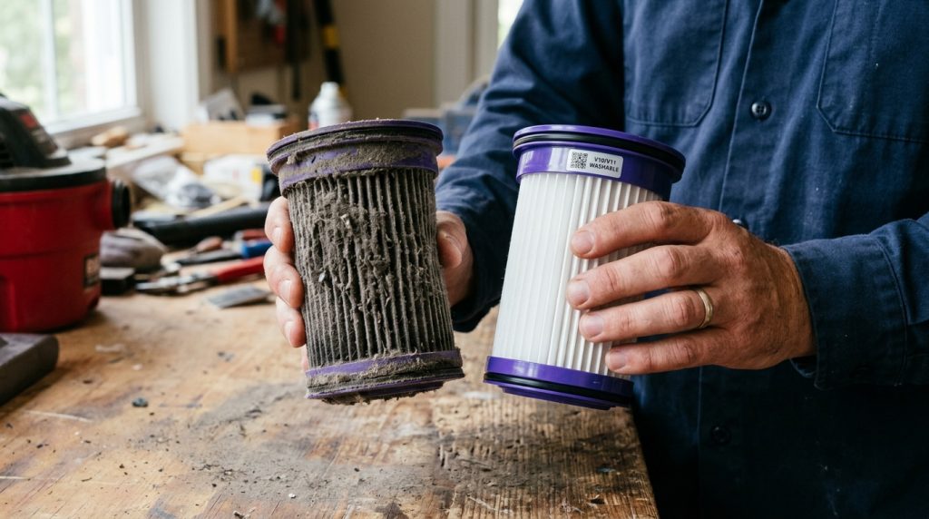 Side-by-side comparison of a dirty vacuum filter and a clean HEPA filter.