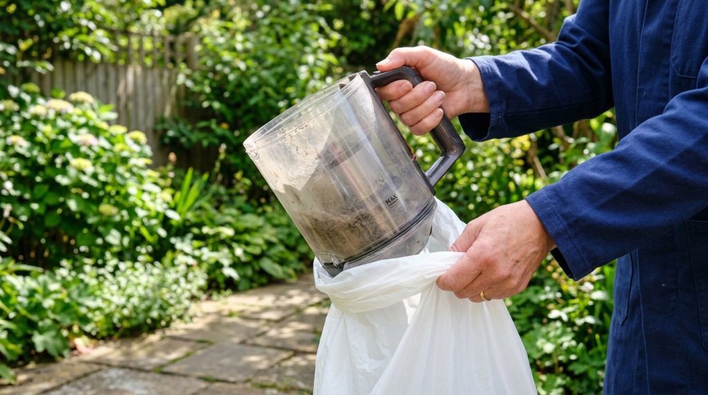 A homeowner using a plastic bag to cover a bagless vacuum canister while emptying it outside.