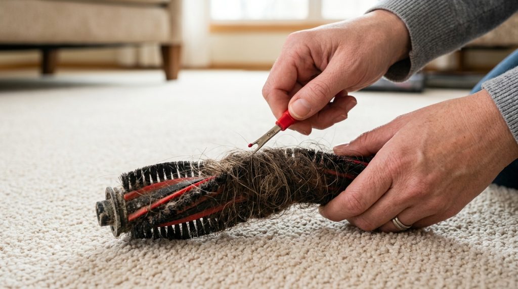 A person using a small seam ripper tool to cut tangled pet hair off a vacuum cleaner brush roll.