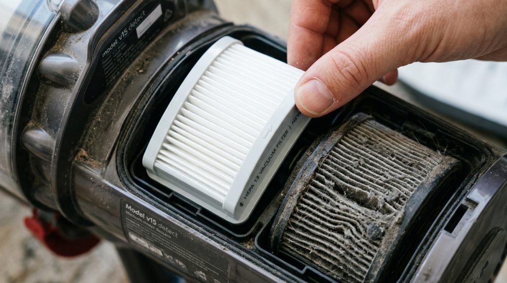A close-up of a homeowner's hands replacing a dirty, grey HEPA filter with a clean, white one in a bagless vacuum cleaner.