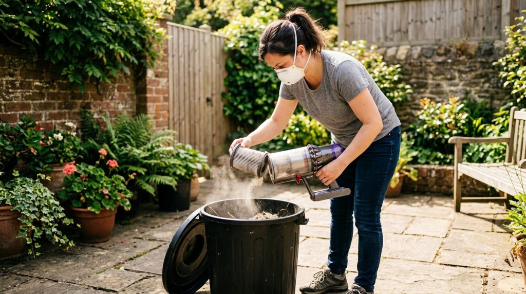 A person wearing a protective mask changing a dirty vacuum filter over an outdoor trash can.