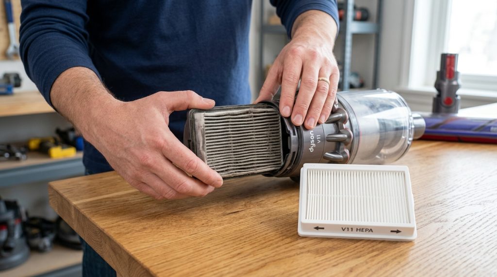 A homeowner replacing a dirty HEPA filter in a bagless vacuum cleaner.