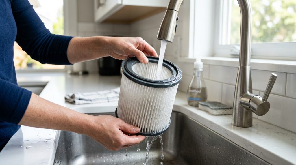 Rinsing a pleated washable HEPA vacuum filter under a gentle stream of cold tap water