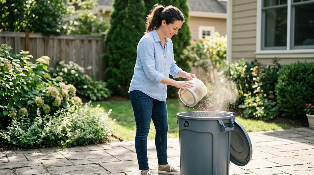 Homeowner tapping a dusty vacuum filter against an outdoor trash can to clean it.