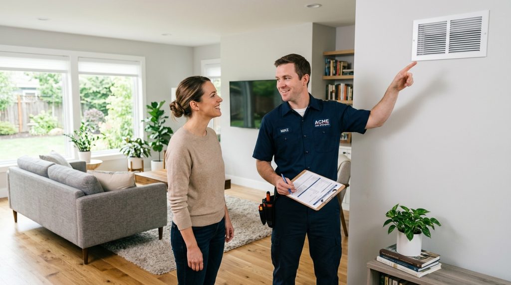 Homeowner and HVAC technician discussing indoor air quality next to a living room air vent.