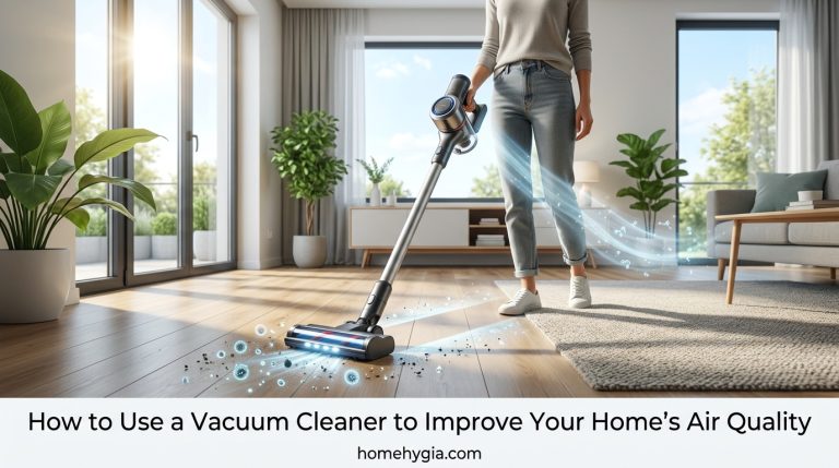 A homeowner replacing a dirty HEPA filter in a bagless vacuum cleaner.