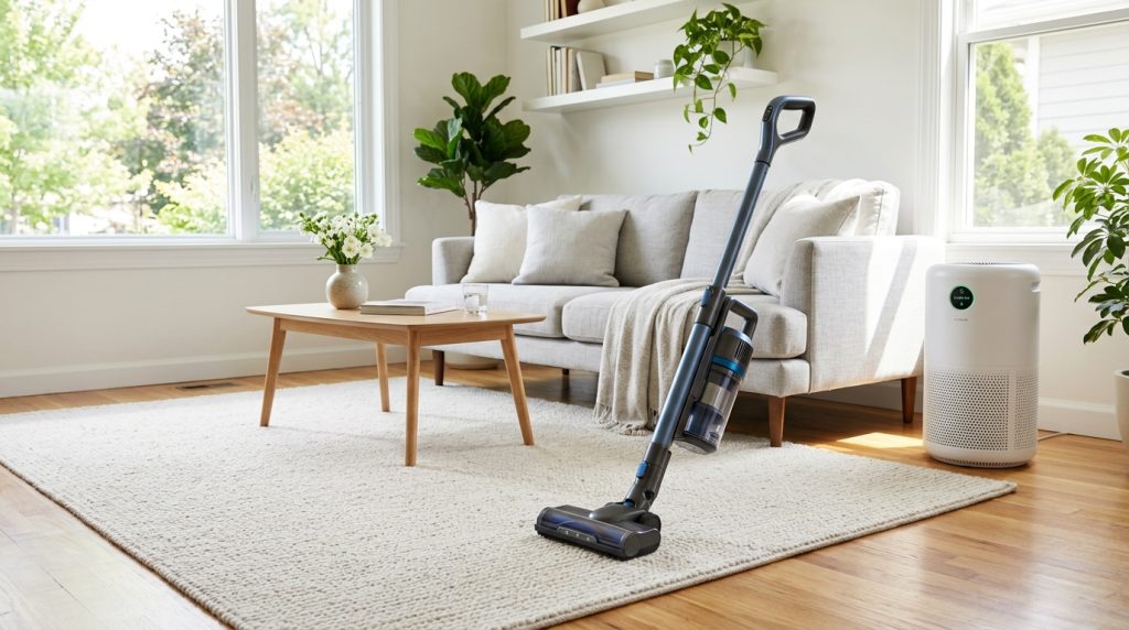 Clean living room showing a maintained vacuum cleaner and a running air purifier.
