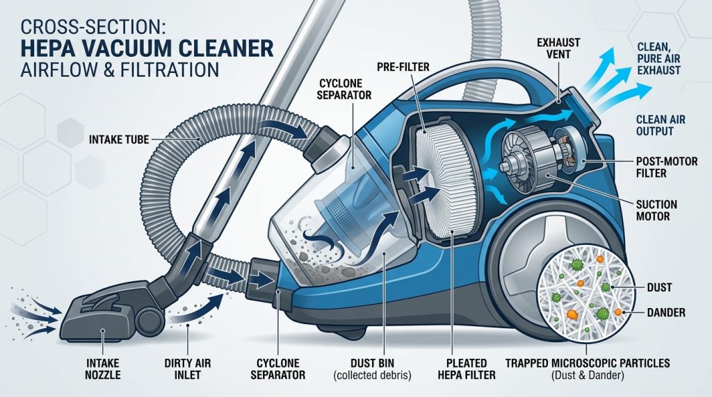 Infographic showing how a HEPA vacuum cleaner traps indoor allergens and dust mites compared to a standard vacuum.