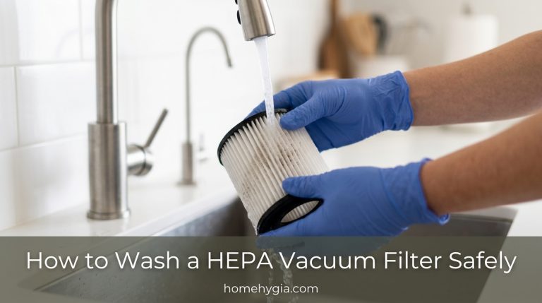 Rinsing a pleated washable HEPA vacuum filter under a gentle stream of cold tap water