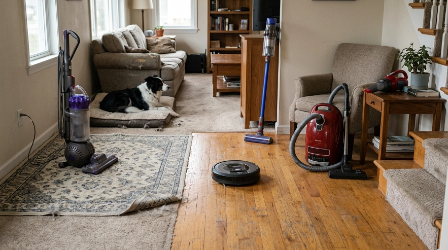 Upright, cordless, canister, robot and handheld vacuums shown in a Border Collie home.
