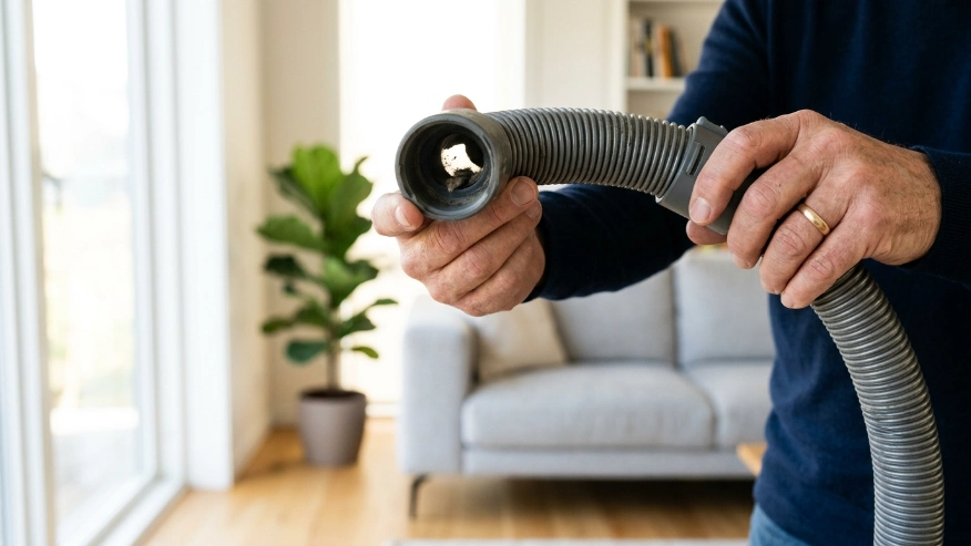 Homeowner checking a detached vacuum hose to fix vacuum suction problems.