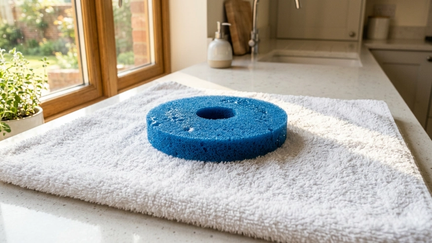 Homeowner air drying a washed circular sponge vacuum filter on a clean towel.