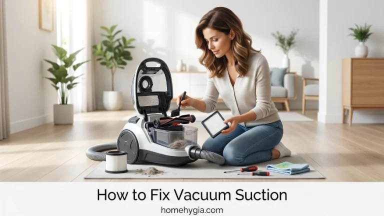 Homeowner air drying a washed circular sponge vacuum filter on a clean towel.