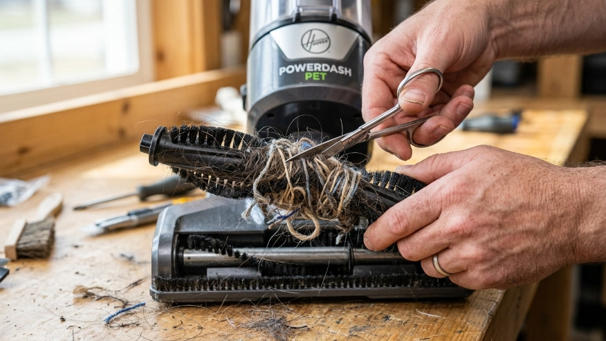 A homeowner using scissors to carefully cut tangled pet hair and string off a vacuum cleaner brush roll to improve suction.