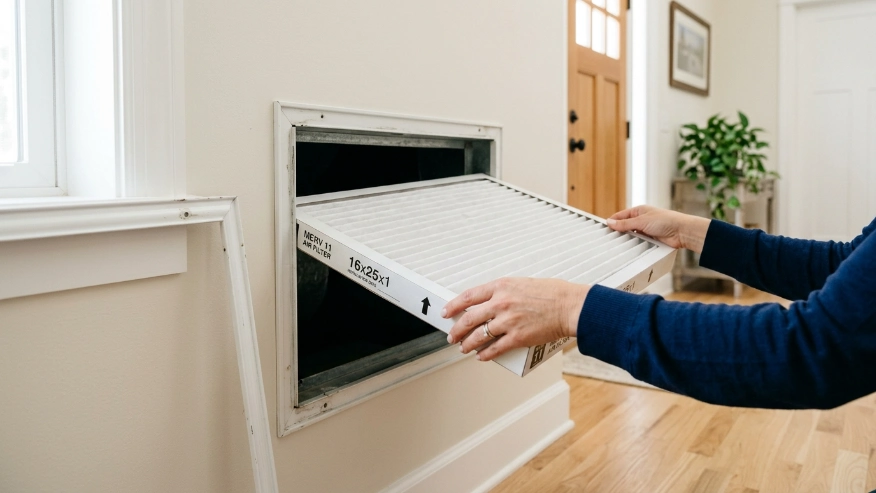 A homeowner sliding a new, clean pleated HVAC air filter into a return vent to improve indoor air quality and reduce household dust.
