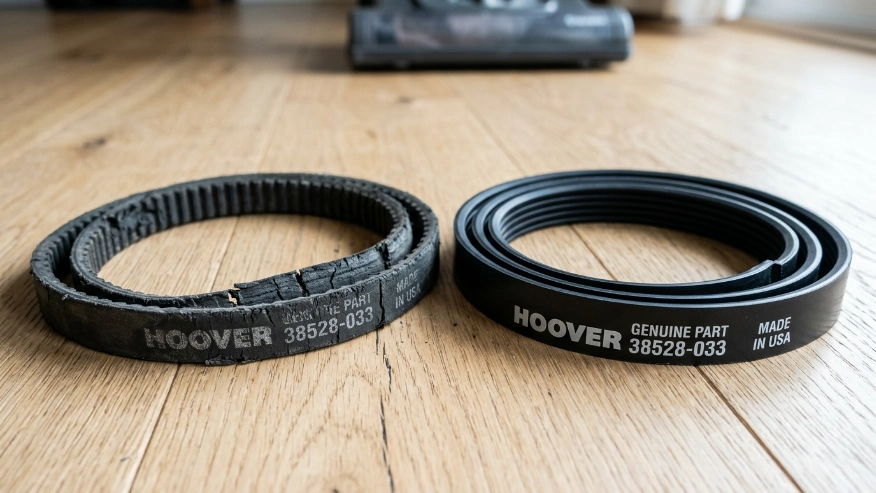 A side-by-side comparison of a broken vacuum belt and a brand new vacuum belt for a homeowner's vacuum cleaner.