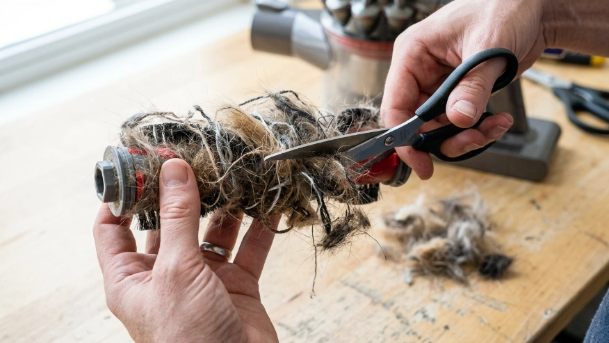 A homeowner using scissors to cut away tangled pet hair and string from a vacuum cleaner roller brush.