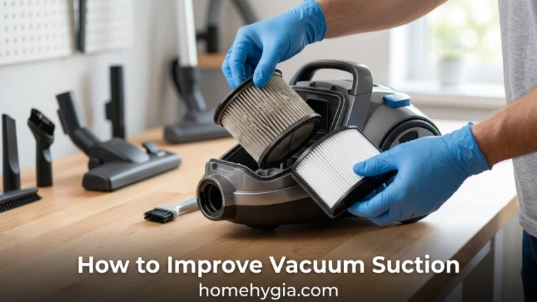 A homeowner using scissors to cut away tangled pet hair and string from a vacuum cleaner roller brush.