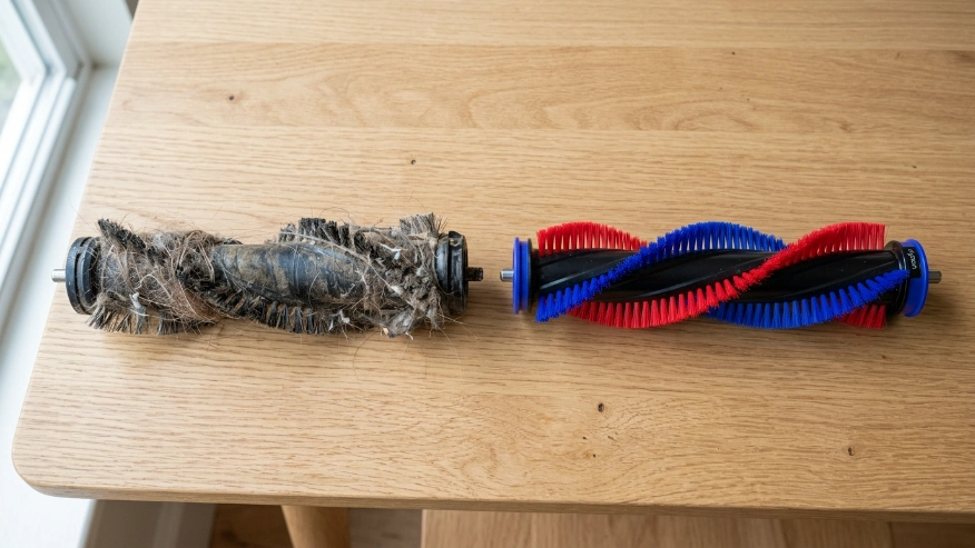  A side-by-side comparison showing how to change a vacuum brush roll that is worn out.