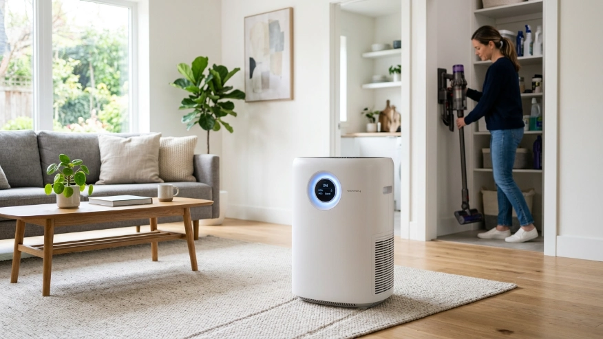 A modern HEPA air purifier sitting in a living room next to a freshly vacuumed carpet.