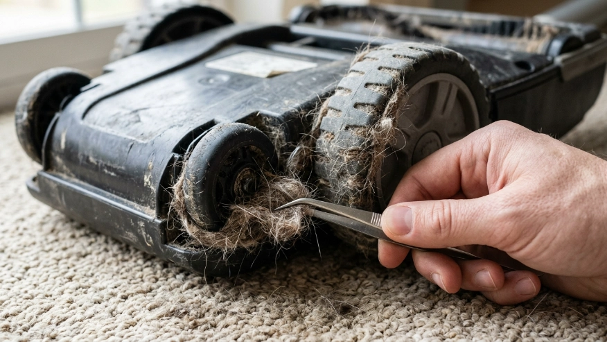 Close up of a dirty vacuum cleaner wheel tangled with pet hair and string showing how to clean vacuum wheels.