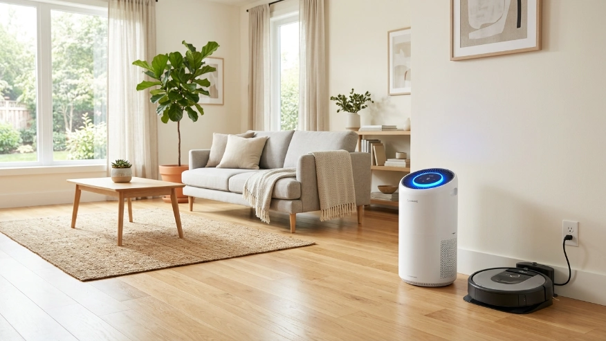 A modern HEPA air purifier running in a clean living room with hardwood floors.