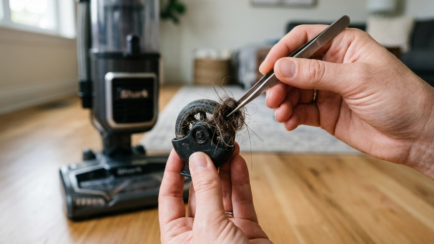 A person using tweezers to pull tangled pet hair out of a vacuum cleaner wheel axle.