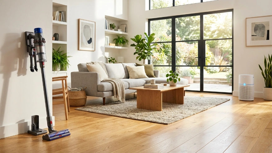A clean, modern vacuum cleaner standing on a hardwood floor next to a smart HEPA air purifier.