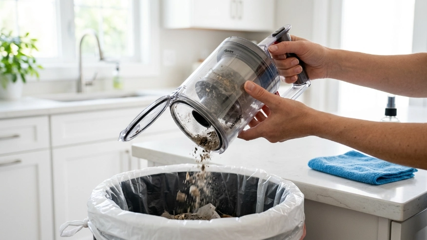  A person safely emptying a cordless vacuum dustbin into a plastic trash bag to prevent dust from escaping into the air.