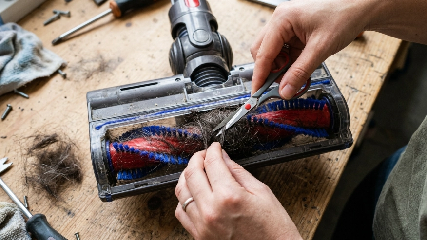  Close up of a person using small scissors to cut tangled hair off the brush roll of a cordless vacuum cleaner.