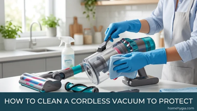 Close up of a person using small scissors to cut tangled hair off the brush roll of a cordless vacuum cleaner.