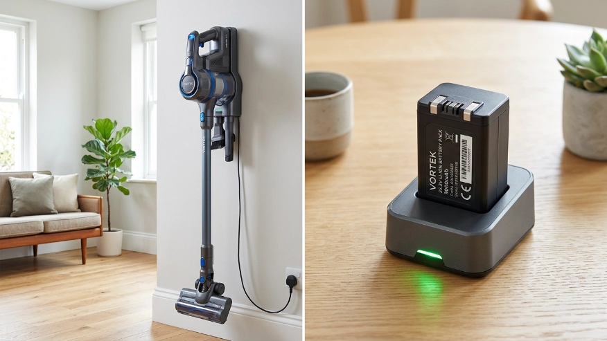 A split-screen image showing a cordless vacuum on a wall dock and a removable lithium-ion vacuum battery on a charger.
