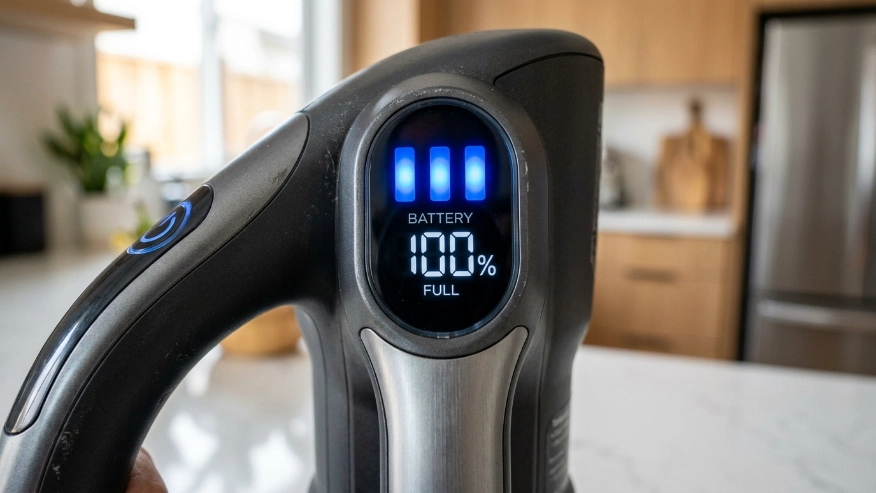 Close up of a cordless vacuum handle showing three glowing blue LED lights indicating a full battery charge