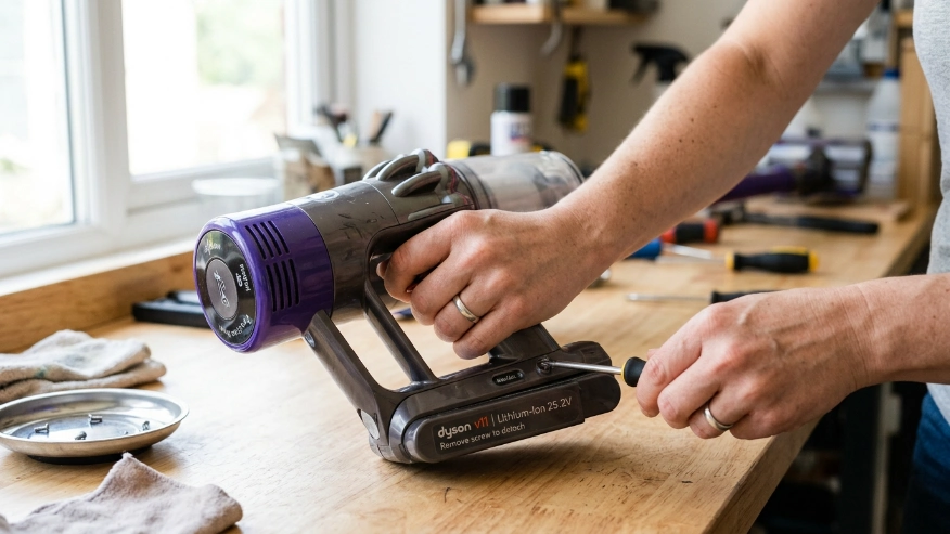 Homeowner demonstrating how to replace a cordless vacuum battery by unscrewing it from the handle.