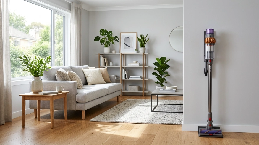 A cordless stick vacuum resting against a living room wall with clean floors and sunlight streaming in.