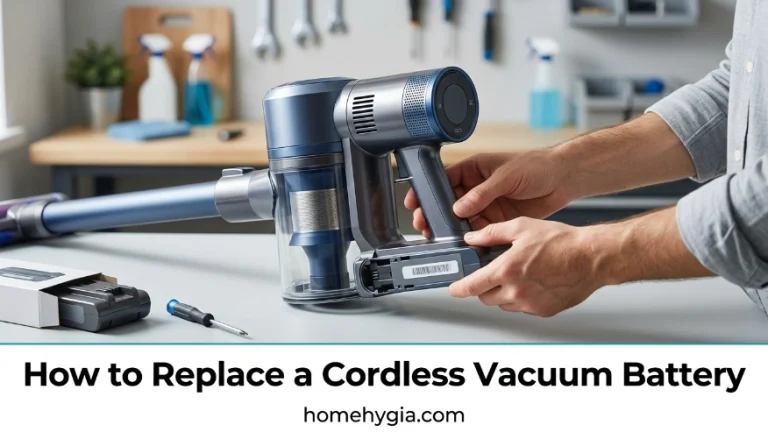 A cordless stick vacuum resting against a living room wall with clean floors and sunlight streaming in.