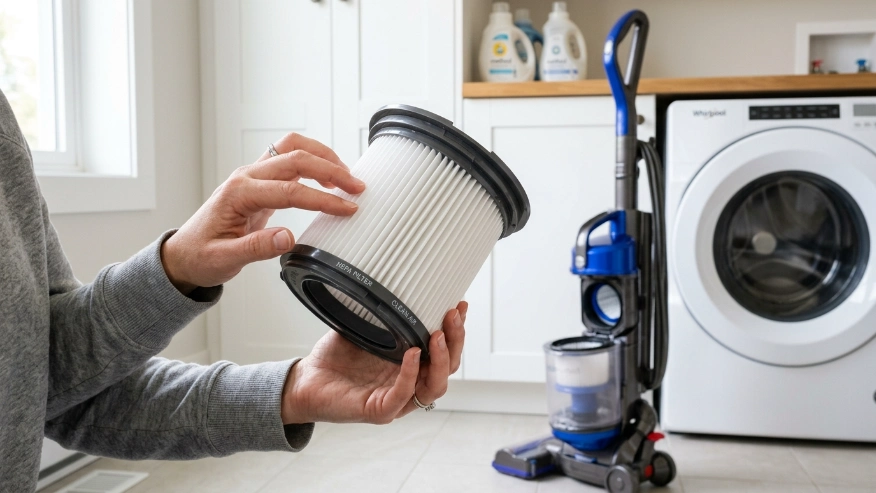 A homeowner inspecting a clean HEPA vacuum filter before storing the vacuum cleaner.