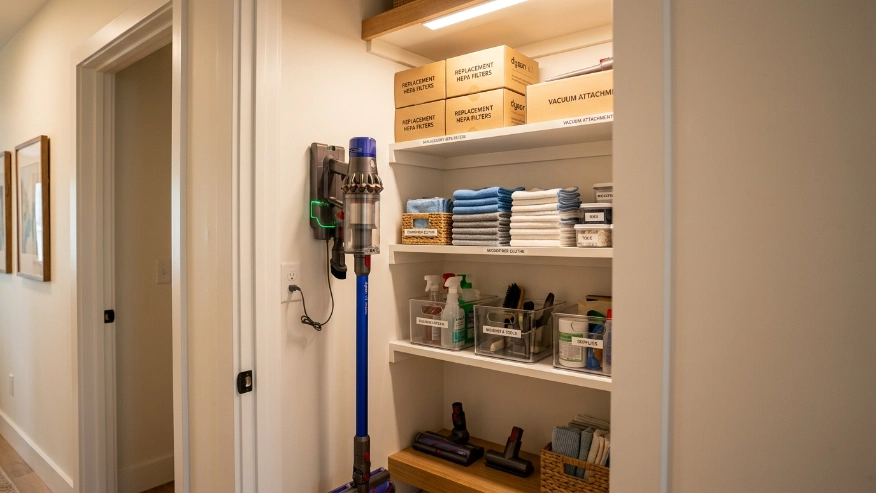 An organized home utility closet showing a neatly stored cordless vacuum cleaner and extra HEPA filters.