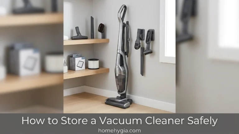 An organized home utility closet showing a neatly stored cordless vacuum cleaner and extra HEPA filters.