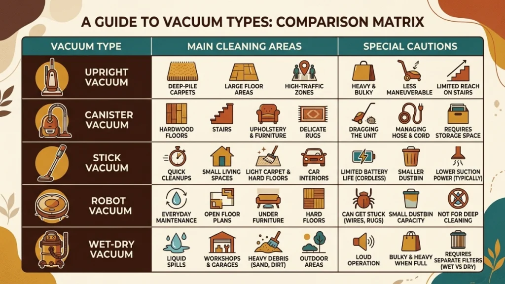 Different vacuum cleaner styles lined up, each requiring tailored maintenance