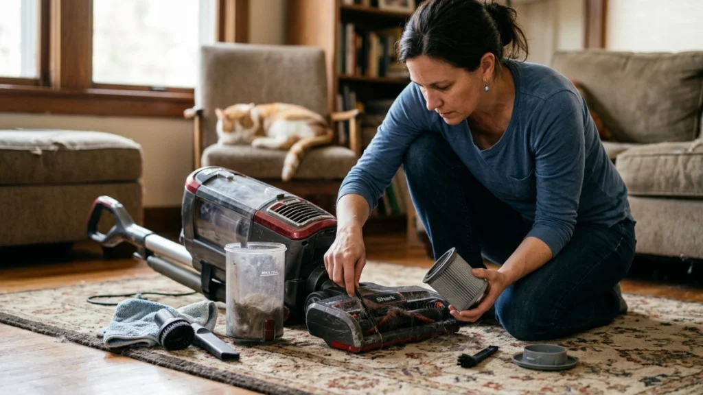 Pet owner inspecting a vacuum bin, brush roll, filter, and attachments for maintenance needs.